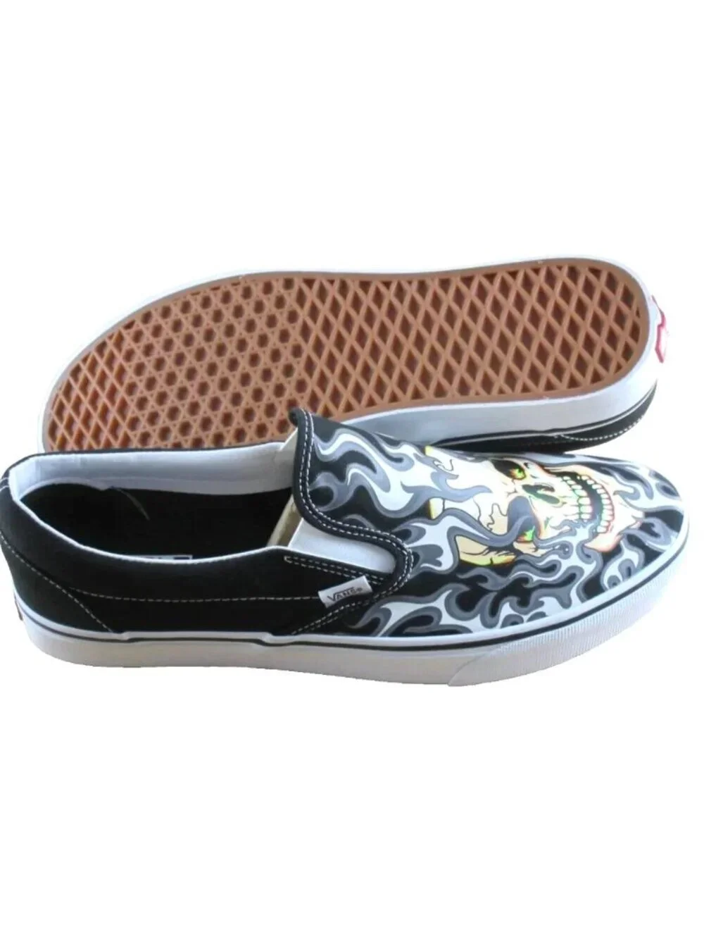 Vans Men's Classic Slip On Flame Skull Black White Canvas Shoes Size 13 NEW